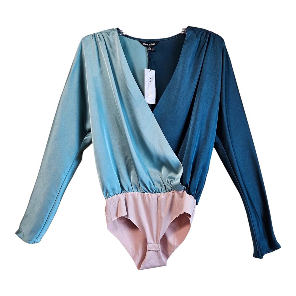 STRUT & BOLT Women M Blouse Bodysuit Satin Jade Dark Teal Puff Shoulder 46" NEW